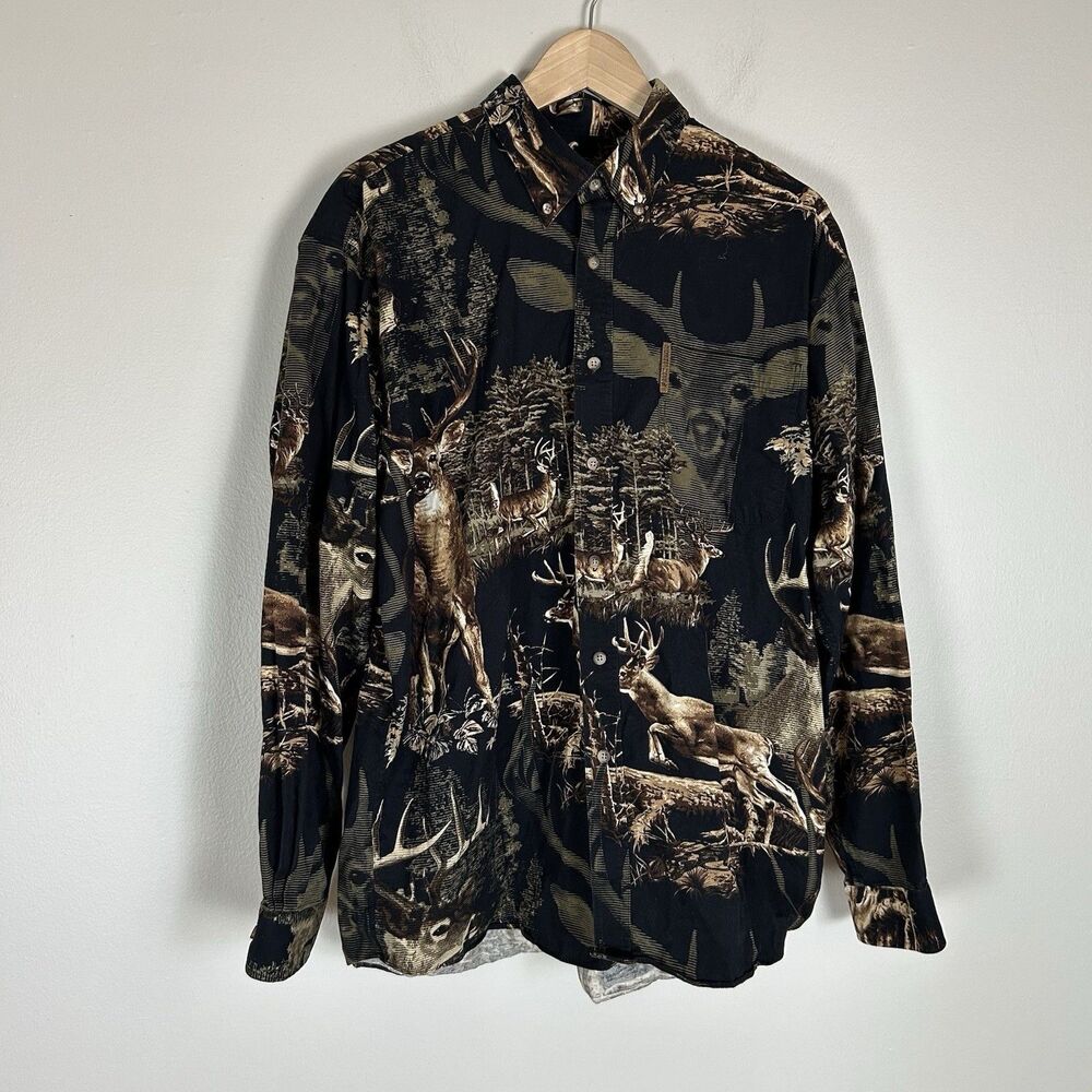 Hunting Camo Button Shirt Men's L North River Brown Deer Big Buck Tree Oak Fall